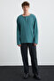 Lorenzo Men's Special Rustic Textured 100% Organic Cotton Button Detailed Regular Green Sweatshirt - 2