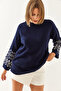 Women's Navy Blue Ecru Patterned Sleeves Knitwear Sweater 20234922 - 5
