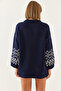 Women's Navy Blue Ecru Patterned Sleeves Knitwear Sweater 20234922 - 7