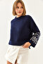Women's Navy Blue Ecru Patterned Sleeves Knitwear Sweater 20234922 - 3