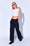 Black Poly Viscose Lycra Soft Textured Palazzo Cut Fabric Women's Trousers with Cargo Pockets Ek 100669234 - 8