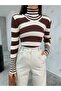 Women's Brown Striped Soft Textured Lycra Basic Knitwear Sweater