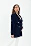 Atlas Fabric Women's Blazer Jacket with Padded Shoulders and Snaps on the Front - Navy Blue - 3
