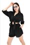 Cotton Linen Shorts Shirt Women's Double Set - Black - 4