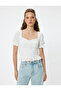 Balloon Sleeve Blouse with Square Collar and Gathered Ruffle Detail - 3