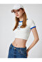 Crop T-Shirt with Slogan Print, Crew Neck, Ribbed Short Sleeves, Slim Fit
