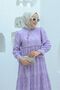 Lilac Embroidery Long Hijab Dress - Tassel and Guipure Detail - 3