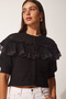 Black Knitwear Cardigan - Lace Detailed and Ruffled Lyy0068 - 3