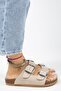 Irene Genuine Leather Double Buckle Silver Buckle Beige Slippers