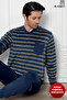 Navy Blue Horizontal Striped Men's Velvet Pajama Set with Crew Neck and Long Sleeves - 13017 - Aydogan ® - 3