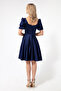Women's Navy Blue Balloon Sleeve Flared Cut Mini Satin Evening Dress - 5