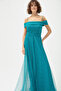 Women's Turquoise Boat Neck Silvery Long Evening Dress - 3