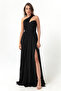 Women's Black Slim Fit One Shoulder Slit Long Evening Dress