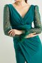 Women's Emerald Green Slim Fit V-Neck Sleeves with Stones Slit Long Evening Dress - 4