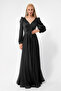 Women's Black Slim Fit Double-Breasted Collar Glitter Long Flared Evening Dress - 4