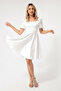 Women's White Balloon Sleeve Flared Cut Mini Satin Evening Dress