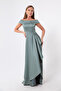 Women's Turquoise Boat Neck Satin Evening Dress & Graduation Dress - 3