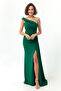 Women's Emerald Green Slim Fit One Shoulder Stone Long Evening Dress - 2