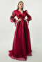 Women's Red Slim Fit Balloon Sleeve V-Neck Long Evening Dress - 2