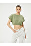 Crop T-Shirt Short Sleeve Crew Neck Cotton with Elastic Hem - 3