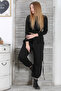 Black Double Pocket Leather Garnished Elastic and Tied Waist Jogger Leg Casual Knitted Trousers - 6