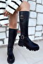 Women's Rose Thick Sole Belt Detailed Below the Knee Zippered Comfortable Matte Leather Boots