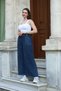 Women's Navy Blue Elastic Waist Pocket Detailed Antique Loose Cotton Wide Leg Knitwear Trousers - 4