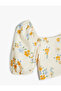 Linen Crop Blouse with Floral Square Collar and Gipe Detail - 3