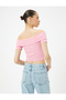Crop Off the Shoulder Madonna Neck T-Shirt Ribbed Short Sleeve Knot Detail - 4