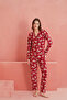 Red Bear Patterned Front Buttoned Suede Pajama Set - 2