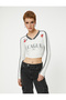 V-Neck Crop T-Shirt Long Sleeve Color Contrast Printed Cotton - 3