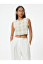 Linen Blend Crop Oversize Top Sleeveless Round Neck Checkered - 3