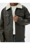 Faux Leather Jacket Collar Sheepskin Pocket Zippered Lined Slim Fit - 5