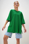Women's Dark Green Crew Neck Double Sleeve Oversize Cotton Basic T-Shirt Alc-X8088 - 3