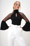 Women's Black Turtleneck Drop-Cut Tulle Detailed Spanish Sleeve Knitted Crepe Blouse Alc-X13105 - 2