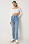 Women's Light Blue Mid Waist Straight Jeans Ut00025