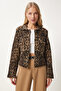 Women's Beige Brown Leopard Patterned Pocket Knitwear Jacket Dp00221 - 3