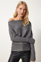 Women's Anthracite Asymmetric Collar Ribbed Sweater Fn03383 - 2