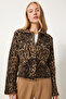 Women's Beige Brown Leopard Patterned Pocket Knitwear Jacket Dp00221 - 2