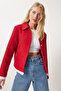 Women's Red Shirt Collar Tweed Jacket To00157 - 2