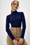 Women's Navy Blue Half Turtleneck Two Yarn Blouse Alc-X13037