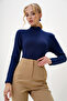 Women's Navy Blue Half Turtleneck Two Yarn Blouse Alc-X13037 - 4