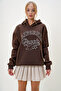 Brown Hooded Kangru Pocket Sweatshirt with Text Printed on the Front and Three Thread Ribbons Alc-X13079 - 5