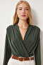 Women's Khaki Wrap Neck Padded Shoulders Snap Button Sandy Blouse ZH00039 - 2