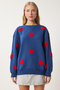 Women's Navy Blue Heart Textured Ribbed Knitted Sweatshirt Mp00030 - 3
