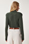 Women's Khaki Wrap Neck Padded Shoulders Snap Button Sandy Blouse ZH00039 - 4