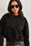 Women's Black Pearl Detail Brushed Inside Cropped Thick Sweatshirt SWT-19000663 - 4