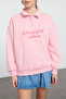 Açık Pembe Gömlek Yaka Nakışlı Regular Fit Kalın İçi Polarlı Örme Sweatshirt TWOAW24SW00182 - 3