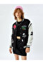 Oversize College Jacket with Bomber Collar Embroidered Snap Button Color Block Pocket - 3