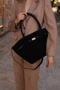 Women's Black Suede Leather Hand and Shoulder Bag with Magnet Closure and Lock Detail - 4